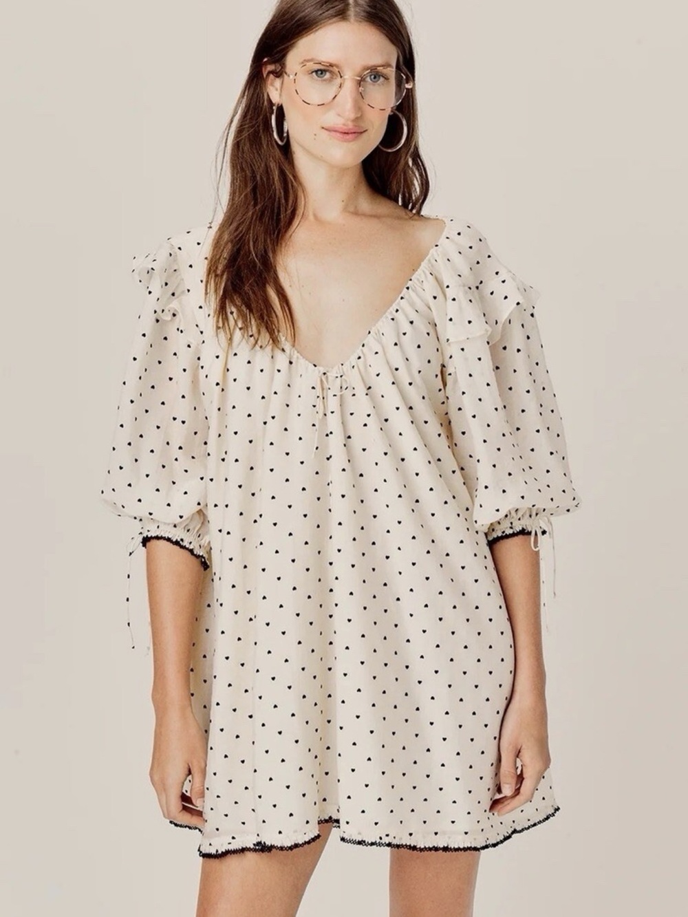 For Love & Lemons Cream Heart Print Mini Dress with Puff Sleeves